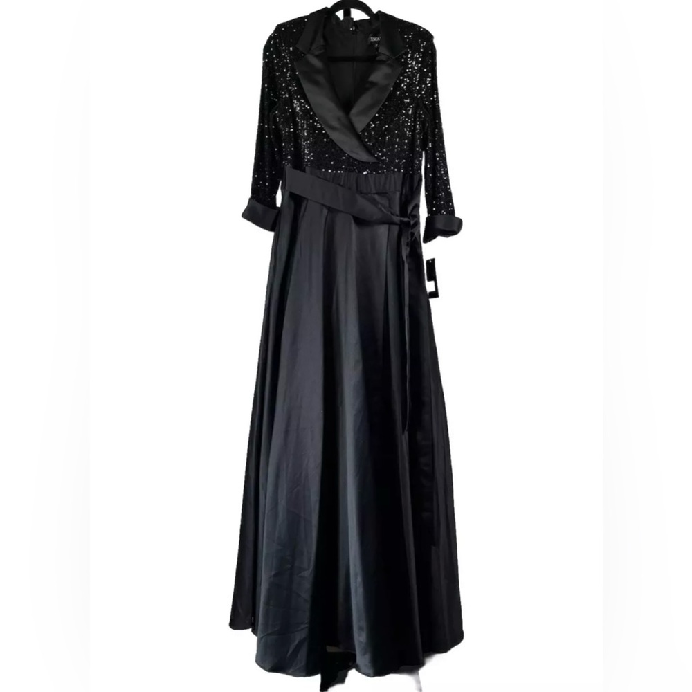 Xscape Black Sequin Long Sleeve Tuxedo Ballgown With Pockets Size 14 Retail $298